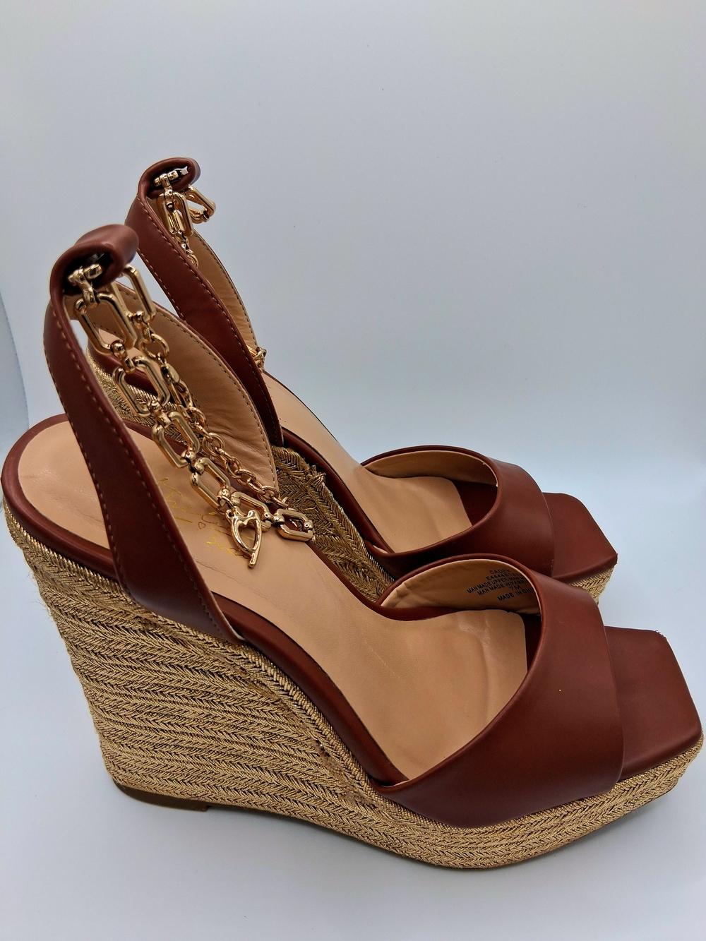 Women's Jessica Simpson Brown Espadrille Wedge Sandals with Gold Chain Accent
